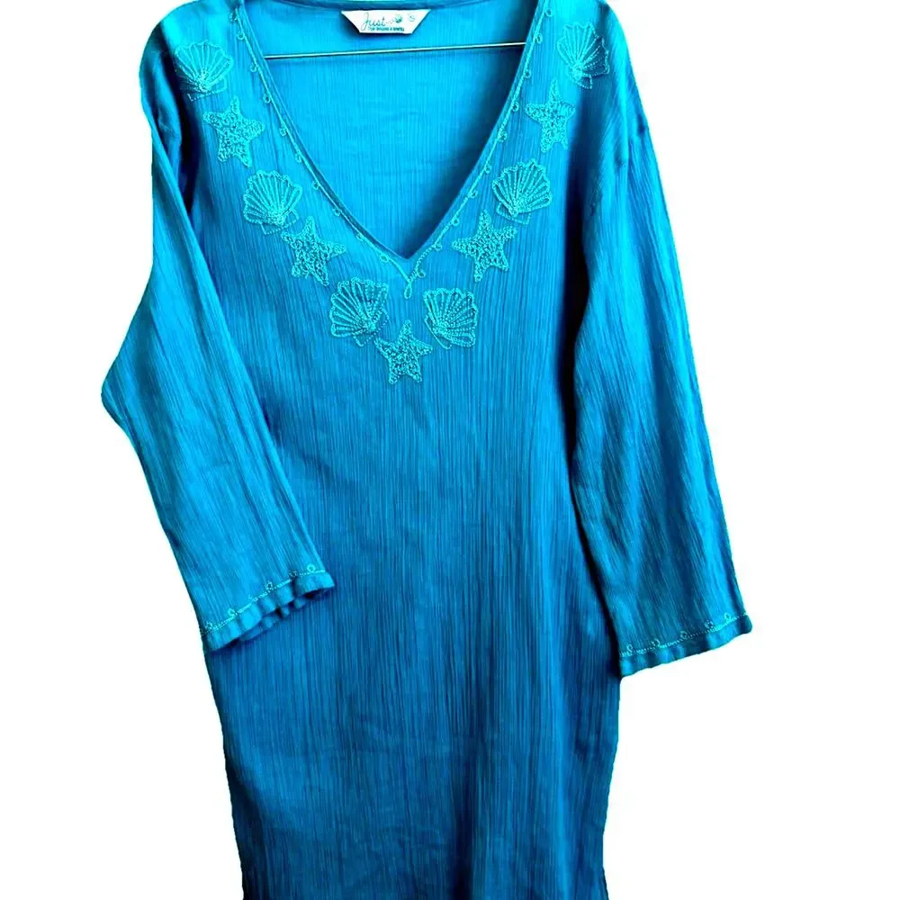 Sea Shells Embroidered coverup tunic V Neck Sea Teal Green Casual Beach Boho XL